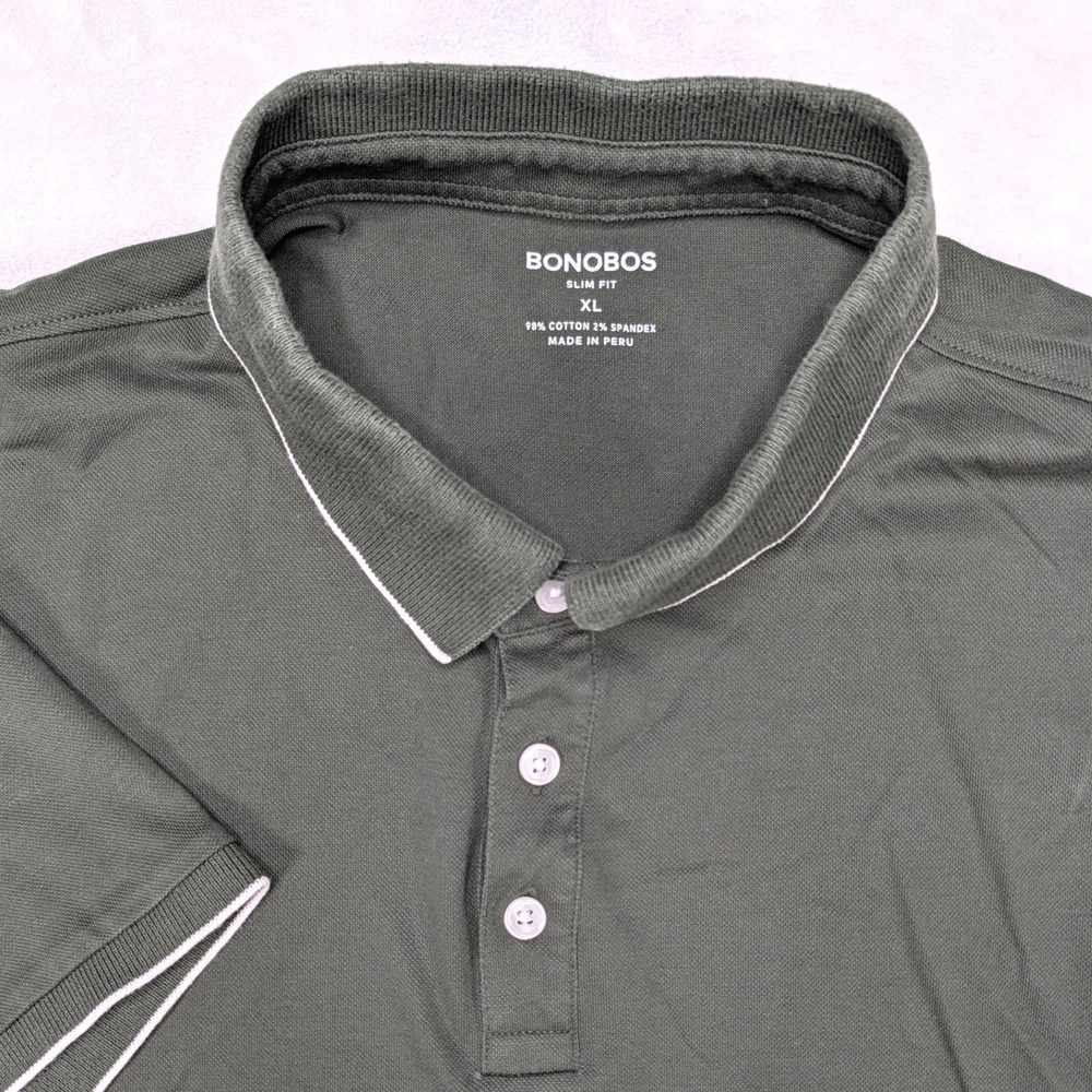 Bonobos Slim Fit Polo Shirt XL Olive Green Tipped Short Sleeve Cotton Stretch